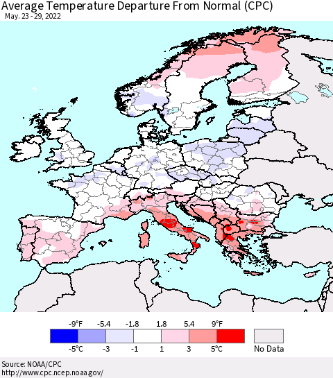 Europe Average Temperature Departure from Normal (CPC) Thematic Map For 5/23/2022 - 5/29/2022