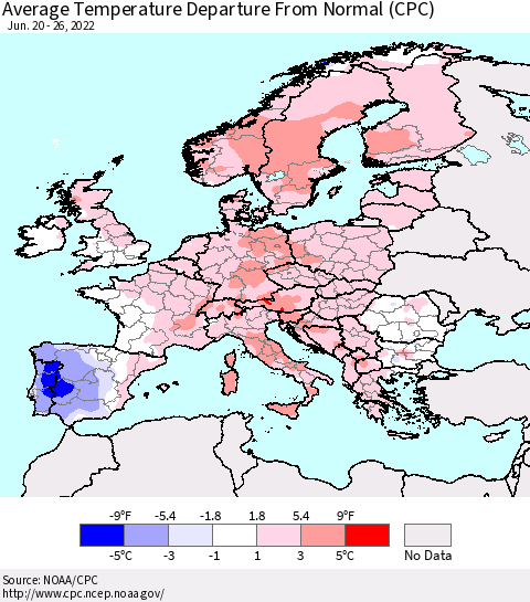 Europe Average Temperature Departure from Normal (CPC) Thematic Map For 6/20/2022 - 6/26/2022