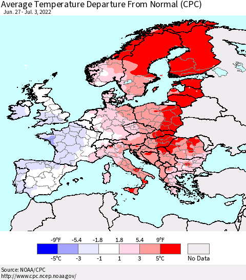 Europe Average Temperature Departure from Normal (CPC) Thematic Map For 6/27/2022 - 7/3/2022