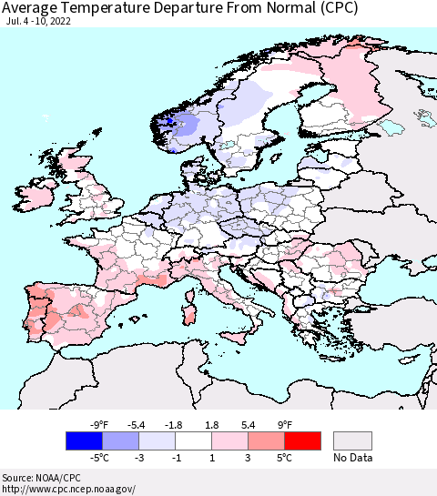 Europe Average Temperature Departure from Normal (CPC) Thematic Map For 7/4/2022 - 7/10/2022
