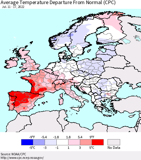 Europe Average Temperature Departure from Normal (CPC) Thematic Map For 7/11/2022 - 7/17/2022