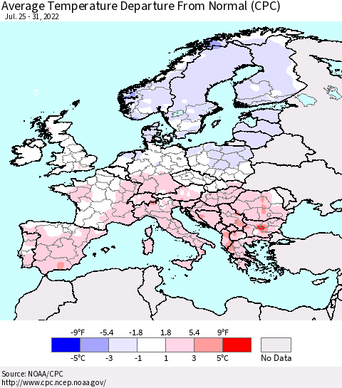 Europe Average Temperature Departure from Normal (CPC) Thematic Map For 7/25/2022 - 7/31/2022