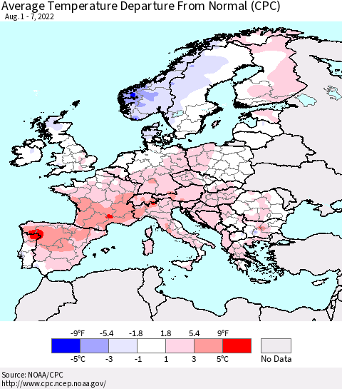 Europe Average Temperature Departure from Normal (CPC) Thematic Map For 8/1/2022 - 8/7/2022