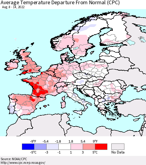 Europe Average Temperature Departure from Normal (CPC) Thematic Map For 8/8/2022 - 8/14/2022