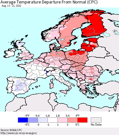 Europe Average Temperature Departure from Normal (CPC) Thematic Map For 8/15/2022 - 8/21/2022