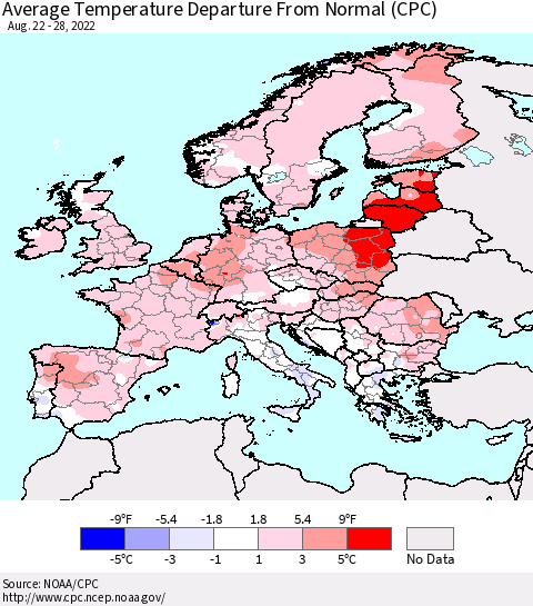 Europe Average Temperature Departure from Normal (CPC) Thematic Map For 8/22/2022 - 8/28/2022