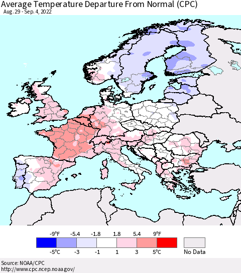 Europe Average Temperature Departure from Normal (CPC) Thematic Map For 8/29/2022 - 9/4/2022