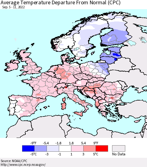 Europe Average Temperature Departure from Normal (CPC) Thematic Map For 9/5/2022 - 9/11/2022