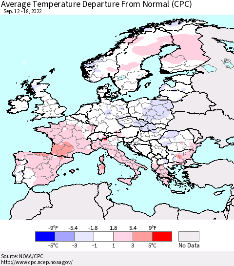 Europe Average Temperature Departure from Normal (CPC) Thematic Map For 9/12/2022 - 9/18/2022