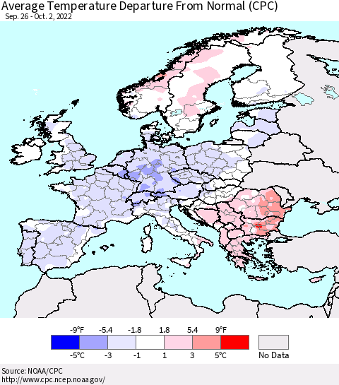 Europe Average Temperature Departure from Normal (CPC) Thematic Map For 9/26/2022 - 10/2/2022