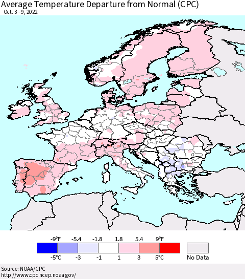 Europe Average Temperature Departure from Normal (CPC) Thematic Map For 10/3/2022 - 10/9/2022