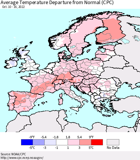 Europe Average Temperature Departure from Normal (CPC) Thematic Map For 10/10/2022 - 10/16/2022