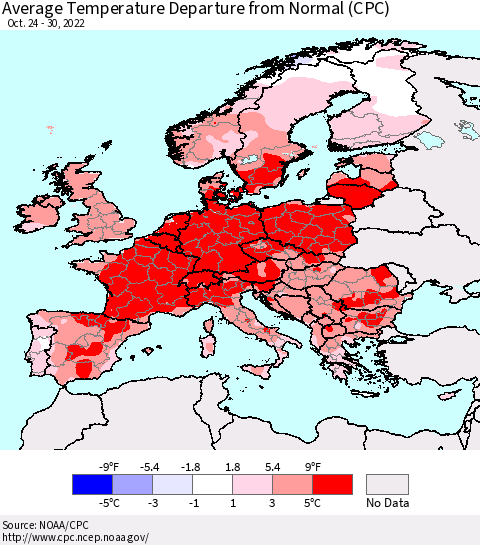 Europe Average Temperature Departure from Normal (CPC) Thematic Map For 10/24/2022 - 10/30/2022