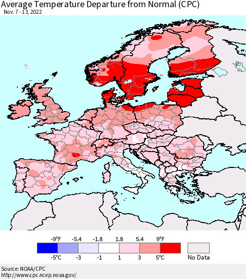 Europe Average Temperature Departure from Normal (CPC) Thematic Map For 11/7/2022 - 11/13/2022