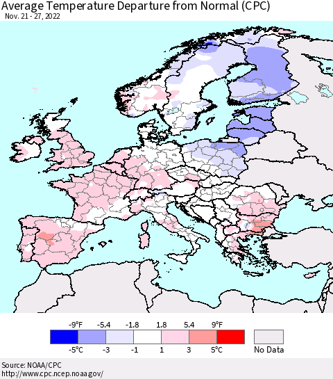 Europe Average Temperature Departure from Normal (CPC) Thematic Map For 11/21/2022 - 11/27/2022