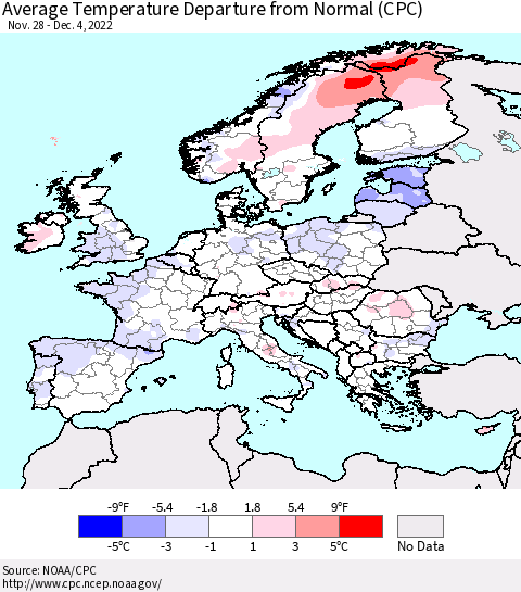 Europe Average Temperature Departure from Normal (CPC) Thematic Map For 11/28/2022 - 12/4/2022