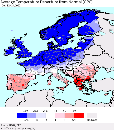 Europe Average Temperature Departure from Normal (CPC) Thematic Map For 12/12/2022 - 12/18/2022