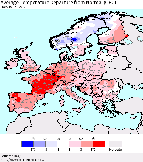 Europe Average Temperature Departure from Normal (CPC) Thematic Map For 12/19/2022 - 12/25/2022