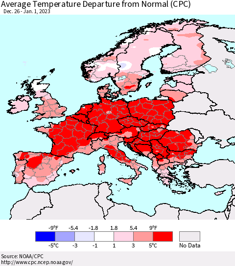 Europe Average Temperature Departure from Normal (CPC) Thematic Map For 12/26/2022 - 1/1/2023
