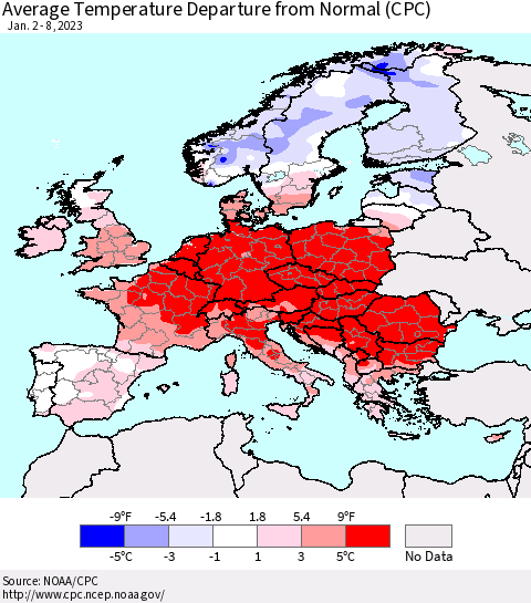 Europe Average Temperature Departure from Normal (CPC) Thematic Map For 1/2/2023 - 1/8/2023