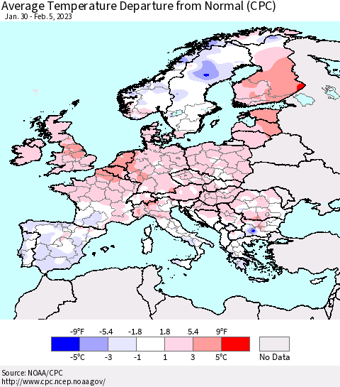 Europe Average Temperature Departure from Normal (CPC) Thematic Map For 1/30/2023 - 2/5/2023