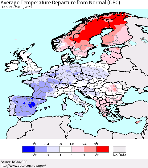 Europe Average Temperature Departure from Normal (CPC) Thematic Map For 2/27/2023 - 3/5/2023