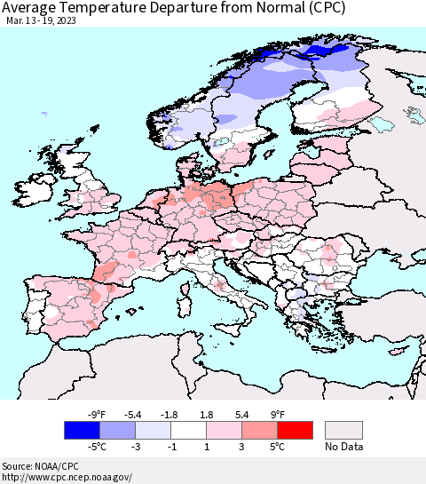 Europe Average Temperature Departure from Normal (CPC) Thematic Map For 3/13/2023 - 3/19/2023