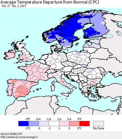 Europe Average Temperature Departure from Normal (CPC) Thematic Map For 3/27/2023 - 4/2/2023