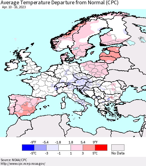 Europe Average Temperature Departure from Normal (CPC) Thematic Map For 4/10/2023 - 4/16/2023