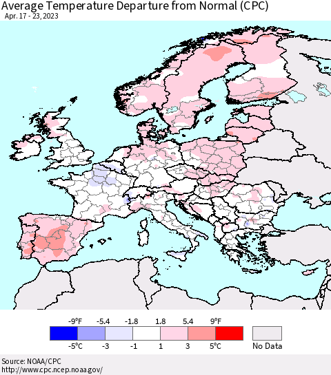 Europe Average Temperature Departure from Normal (CPC) Thematic Map For 4/17/2023 - 4/23/2023