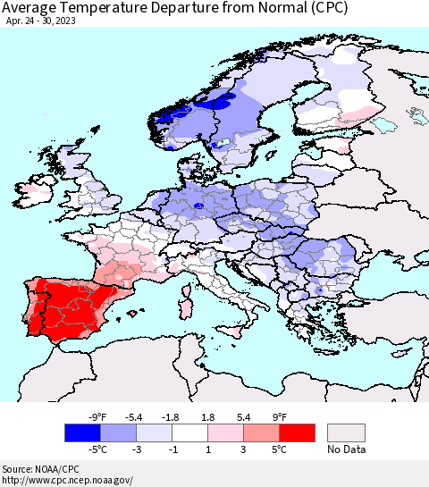 Europe Average Temperature Departure from Normal (CPC) Thematic Map For 4/24/2023 - 4/30/2023