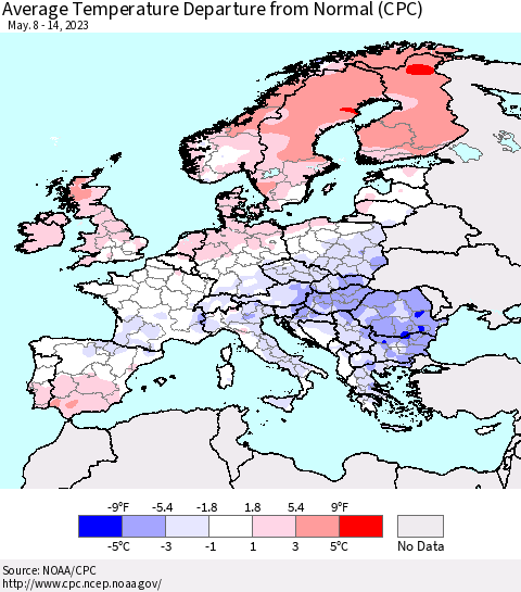 Europe Average Temperature Departure from Normal (CPC) Thematic Map For 5/8/2023 - 5/14/2023