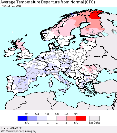 Europe Average Temperature Departure from Normal (CPC) Thematic Map For 5/15/2023 - 5/21/2023