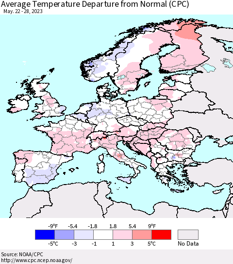 Europe Average Temperature Departure from Normal (CPC) Thematic Map For 5/22/2023 - 5/28/2023