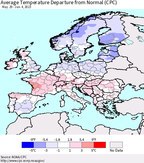 Europe Average Temperature Departure from Normal (CPC) Thematic Map For 5/29/2023 - 6/4/2023