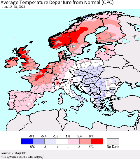 Europe Average Temperature Departure from Normal (CPC) Thematic Map For 6/12/2023 - 6/18/2023