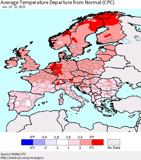 Europe Average Temperature Departure from Normal (CPC) Thematic Map For 6/19/2023 - 6/25/2023