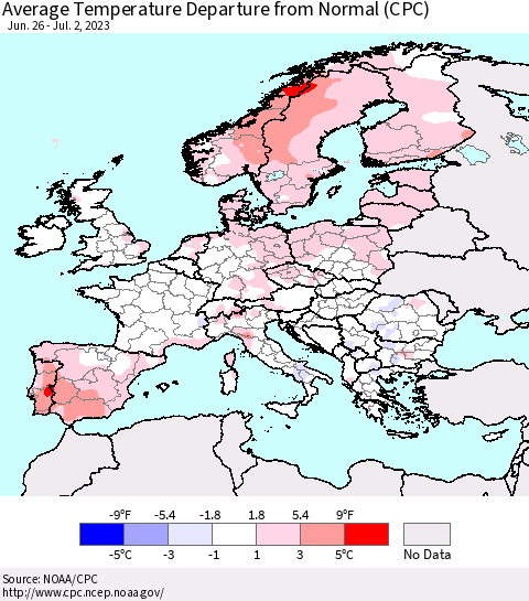 Europe Average Temperature Departure from Normal (CPC) Thematic Map For 6/26/2023 - 7/2/2023