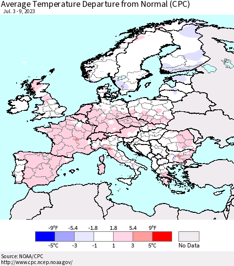 Europe Average Temperature Departure from Normal (CPC) Thematic Map For 7/3/2023 - 7/9/2023