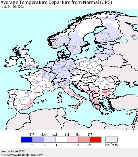 Europe Average Temperature Departure from Normal (CPC) Thematic Map For 7/24/2023 - 7/30/2023