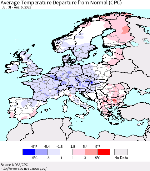 Europe Average Temperature Departure from Normal (CPC) Thematic Map For 7/31/2023 - 8/6/2023