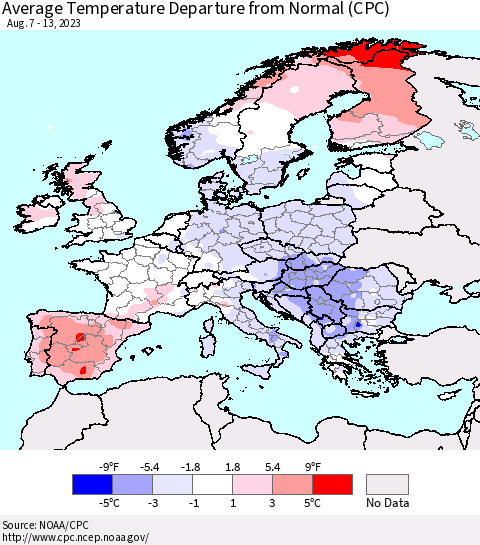 Europe Average Temperature Departure from Normal (CPC) Thematic Map For 8/7/2023 - 8/13/2023