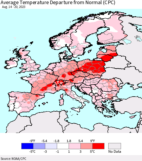 Europe Average Temperature Departure from Normal (CPC) Thematic Map For 8/14/2023 - 8/20/2023