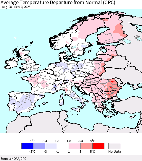 Europe Average Temperature Departure from Normal (CPC) Thematic Map For 8/28/2023 - 9/3/2023