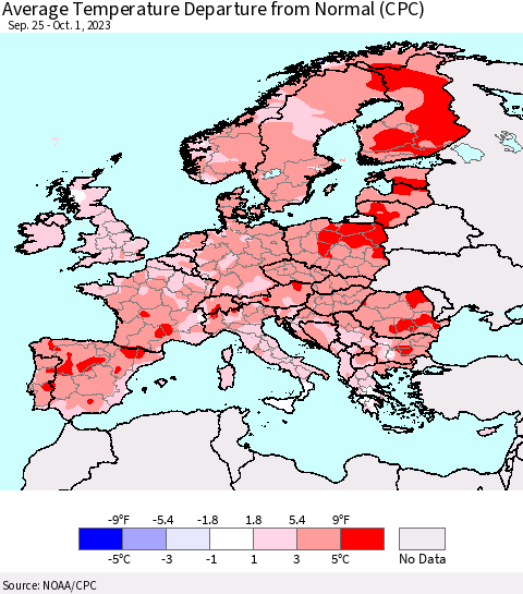 Europe Average Temperature Departure from Normal (CPC) Thematic Map For 9/25/2023 - 10/1/2023