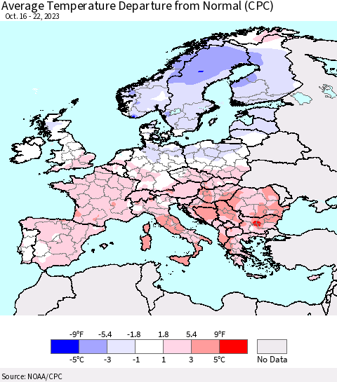 Europe Average Temperature Departure from Normal (CPC) Thematic Map For 10/16/2023 - 10/22/2023