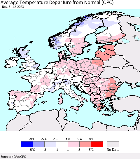 Europe Average Temperature Departure from Normal (CPC) Thematic Map For 11/6/2023 - 11/12/2023