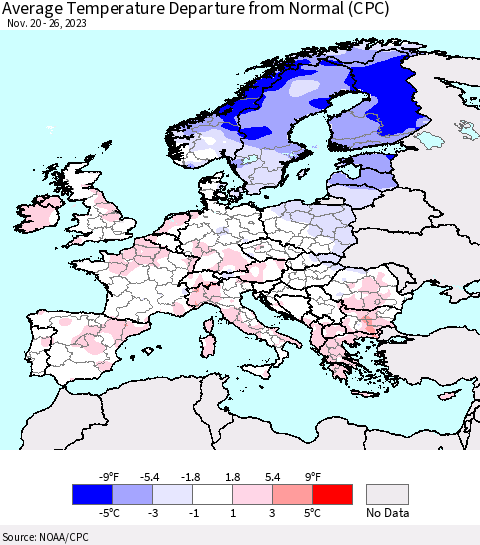 Europe Average Temperature Departure from Normal (CPC) Thematic Map For 11/20/2023 - 11/26/2023