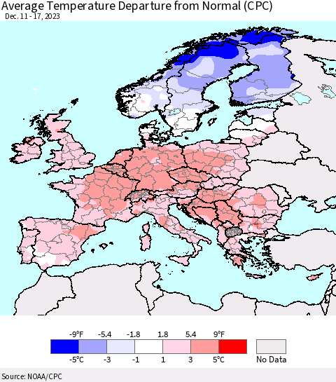 Europe Average Temperature Departure from Normal (CPC) Thematic Map For 12/11/2023 - 12/17/2023