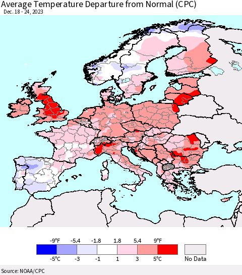 Europe Average Temperature Departure from Normal (CPC) Thematic Map For 12/18/2023 - 12/24/2023